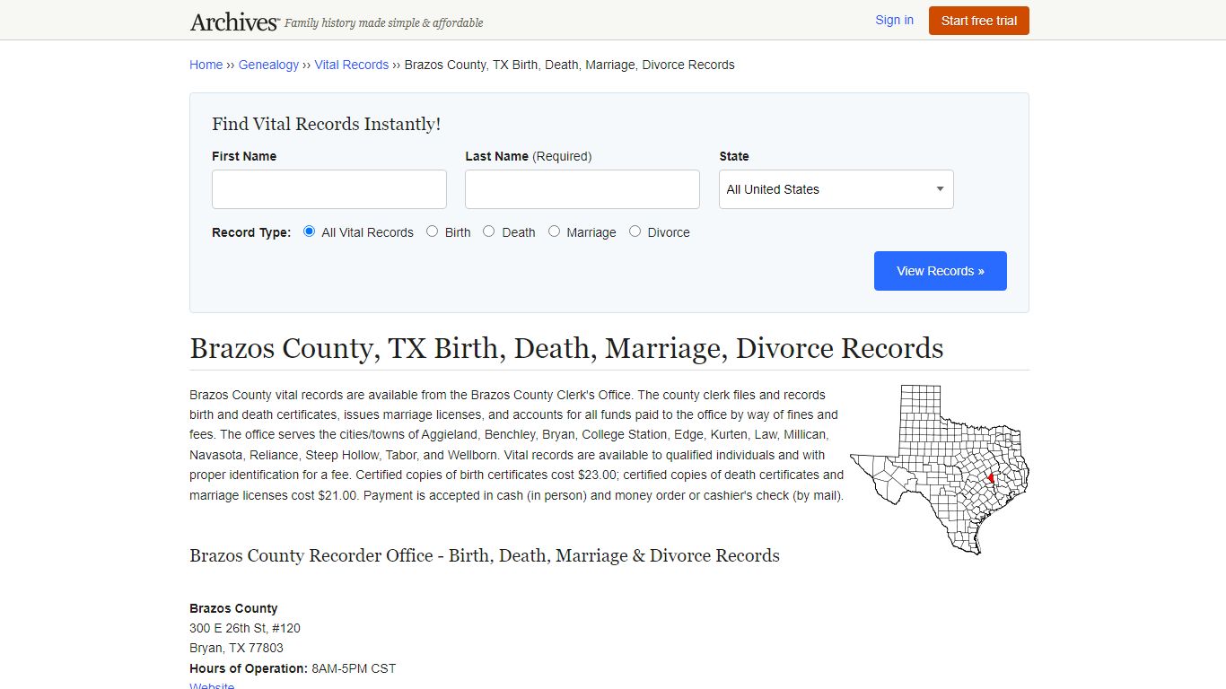 Brazos County, TX Birth, Death, Marriage, Divorce Records - Archives.com