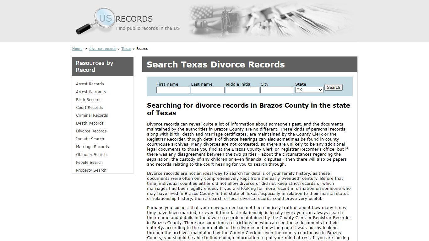 Search Divorce Records Brazos Texas | US Records